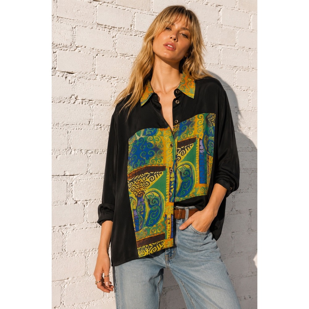 Vintage Martinique Abstract Panel Print Button Front Blouse Art Deco 90s L